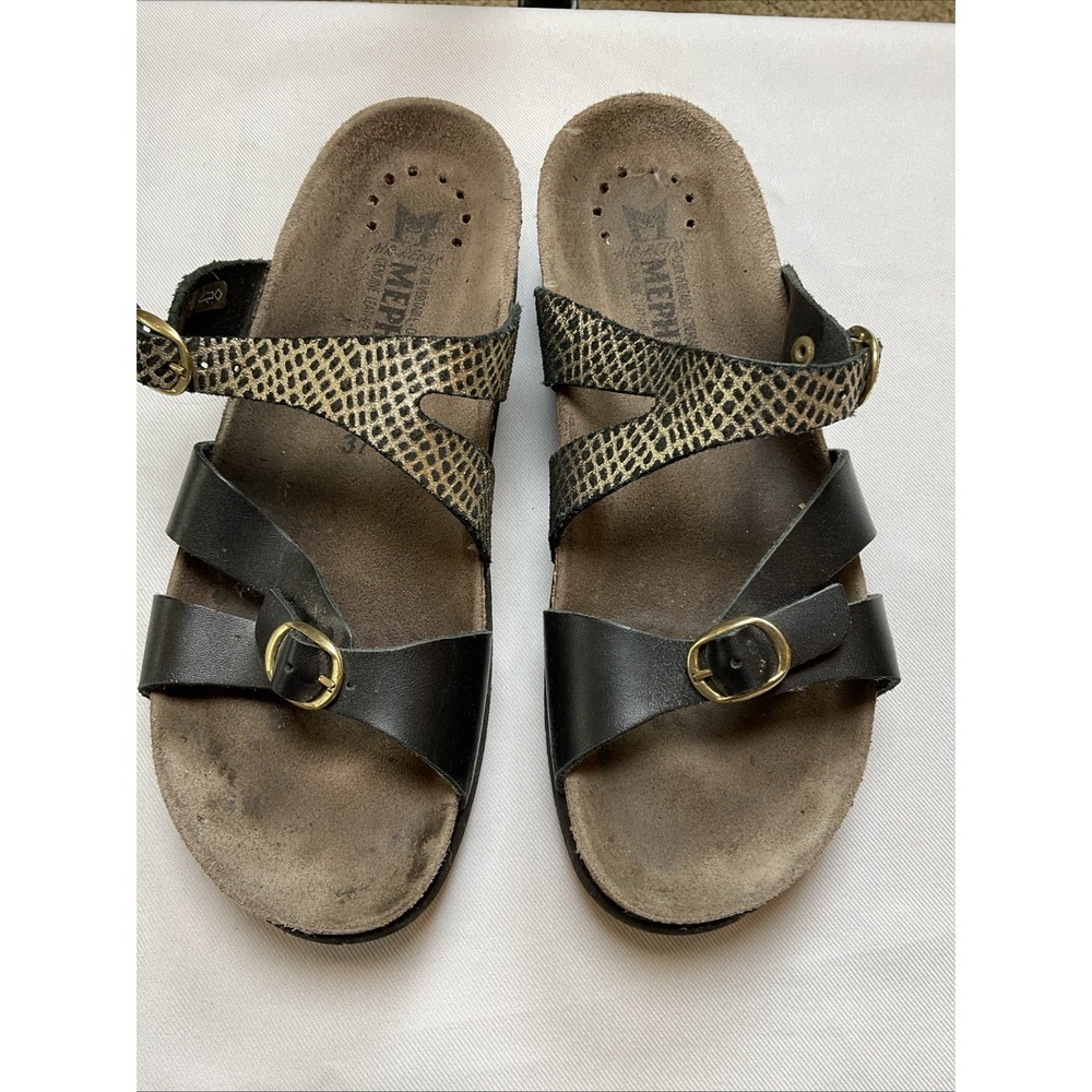 Mephisto Hannel Cork Sandals Black Gold Snake Slide Size EU 37 US 7 Comfort Boho